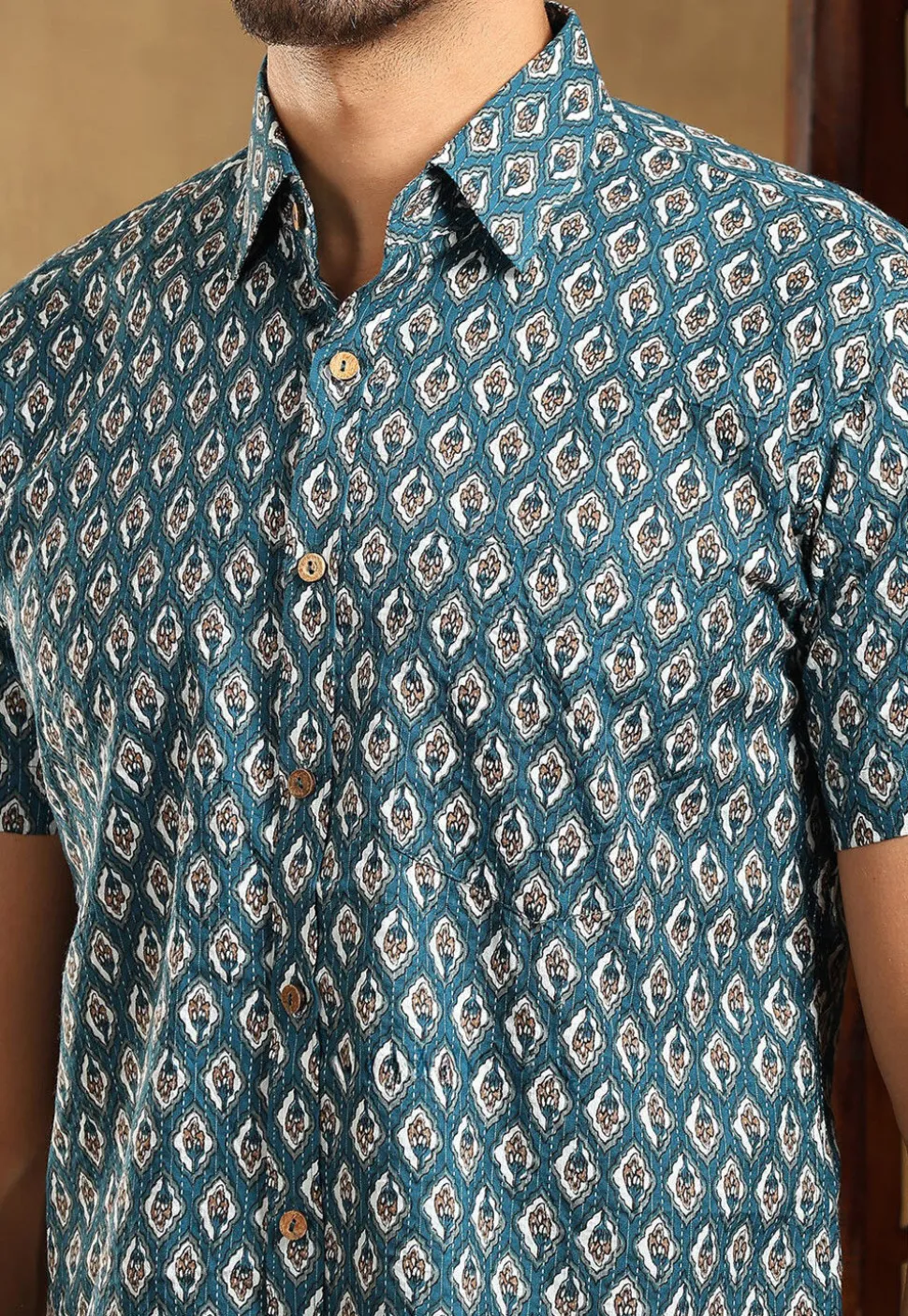 Block Printed Cotton Shirt in Teal Blue