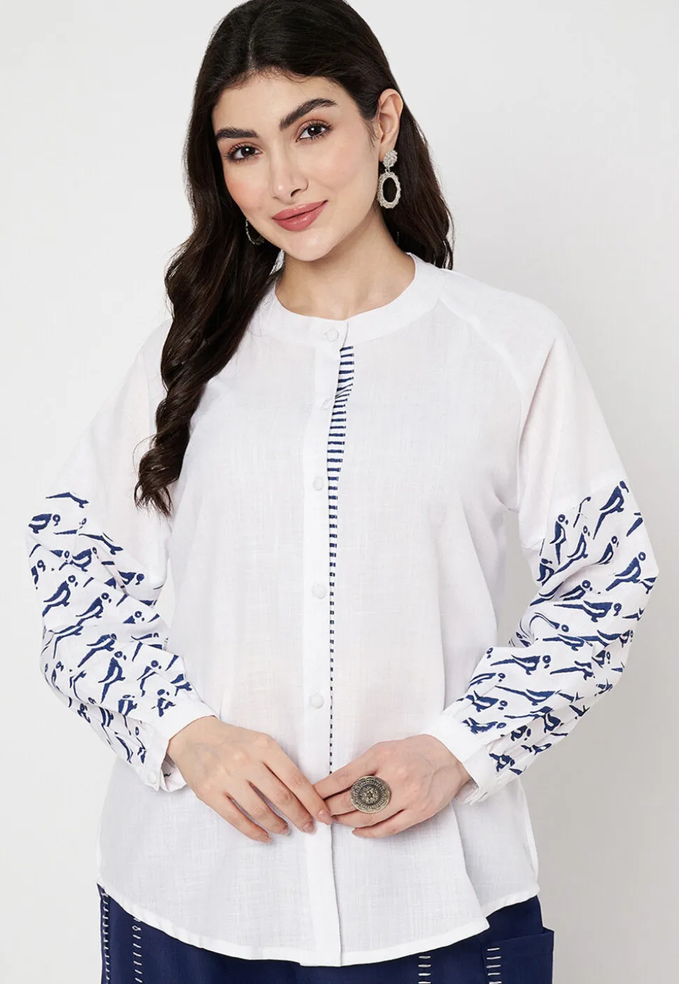 Block Printed Cotton Shirt in Off White
