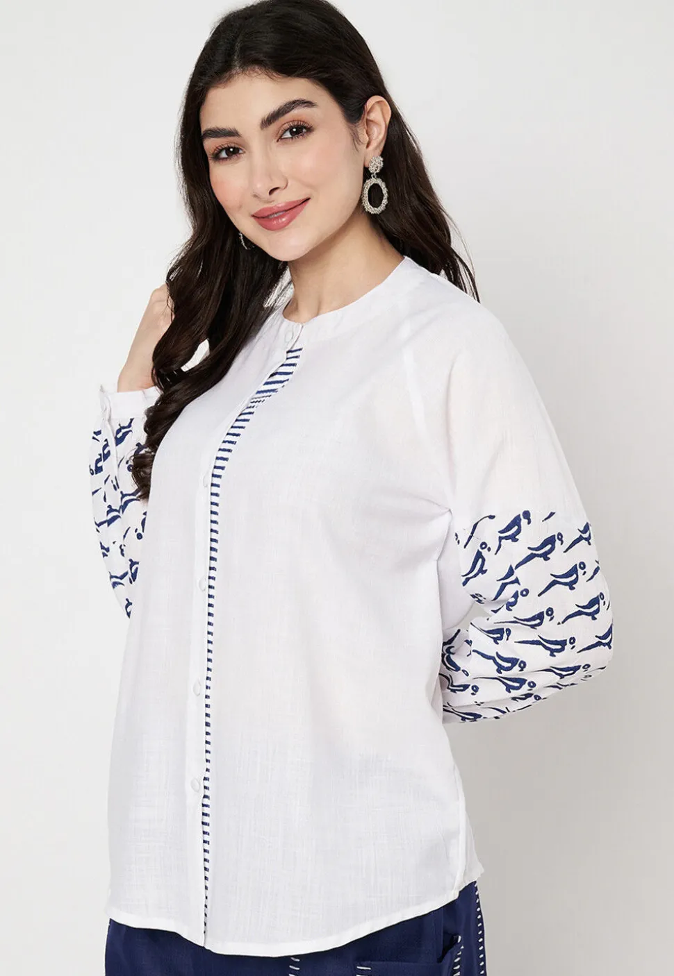 Block Printed Cotton Shirt in Off White