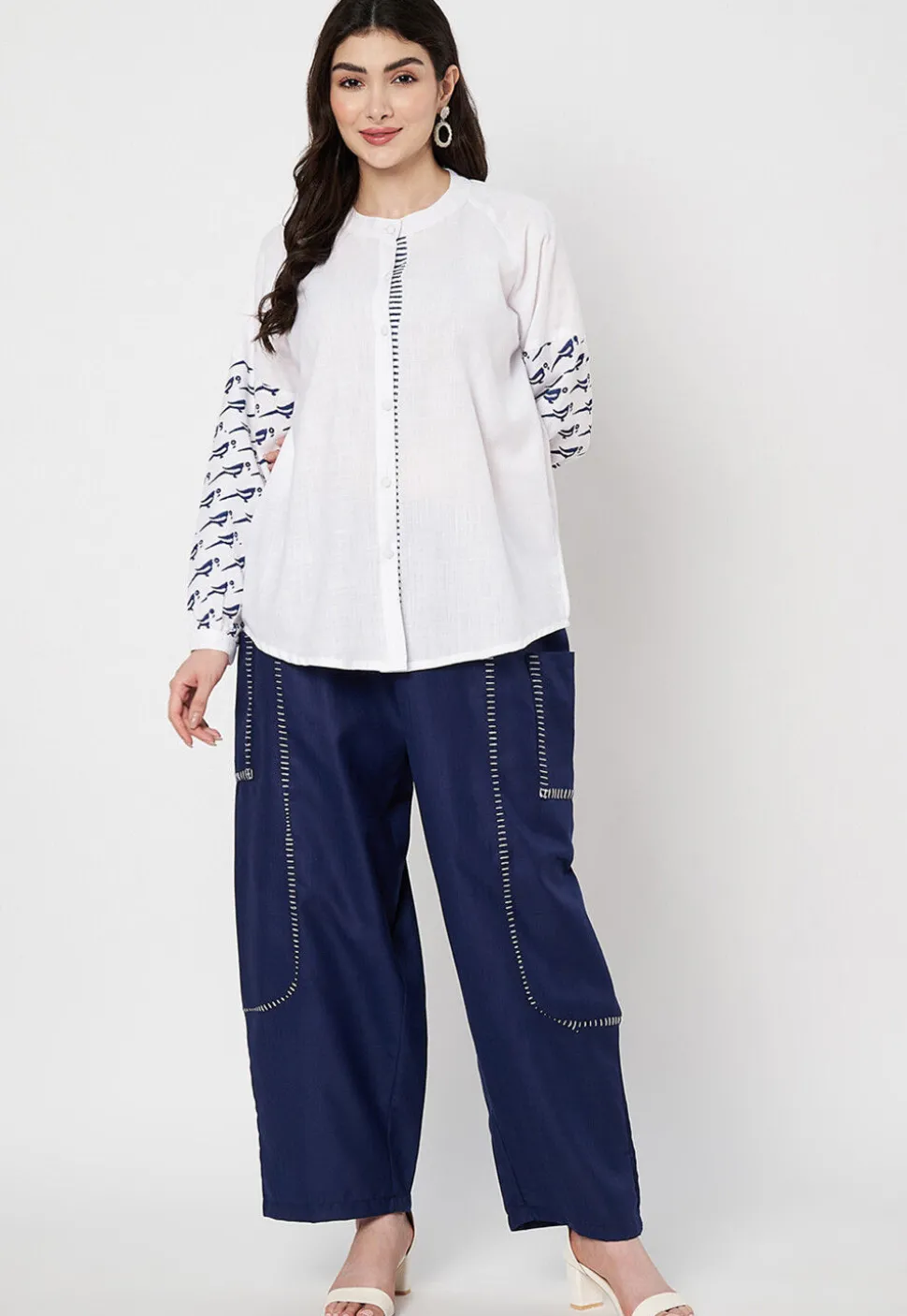 Block Printed Cotton Shirt in Off White