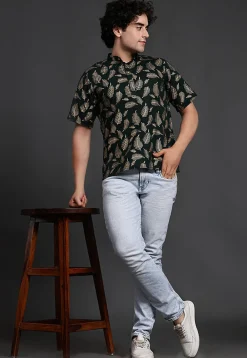 Block Printed Cotton Short Kurta in Dark Green