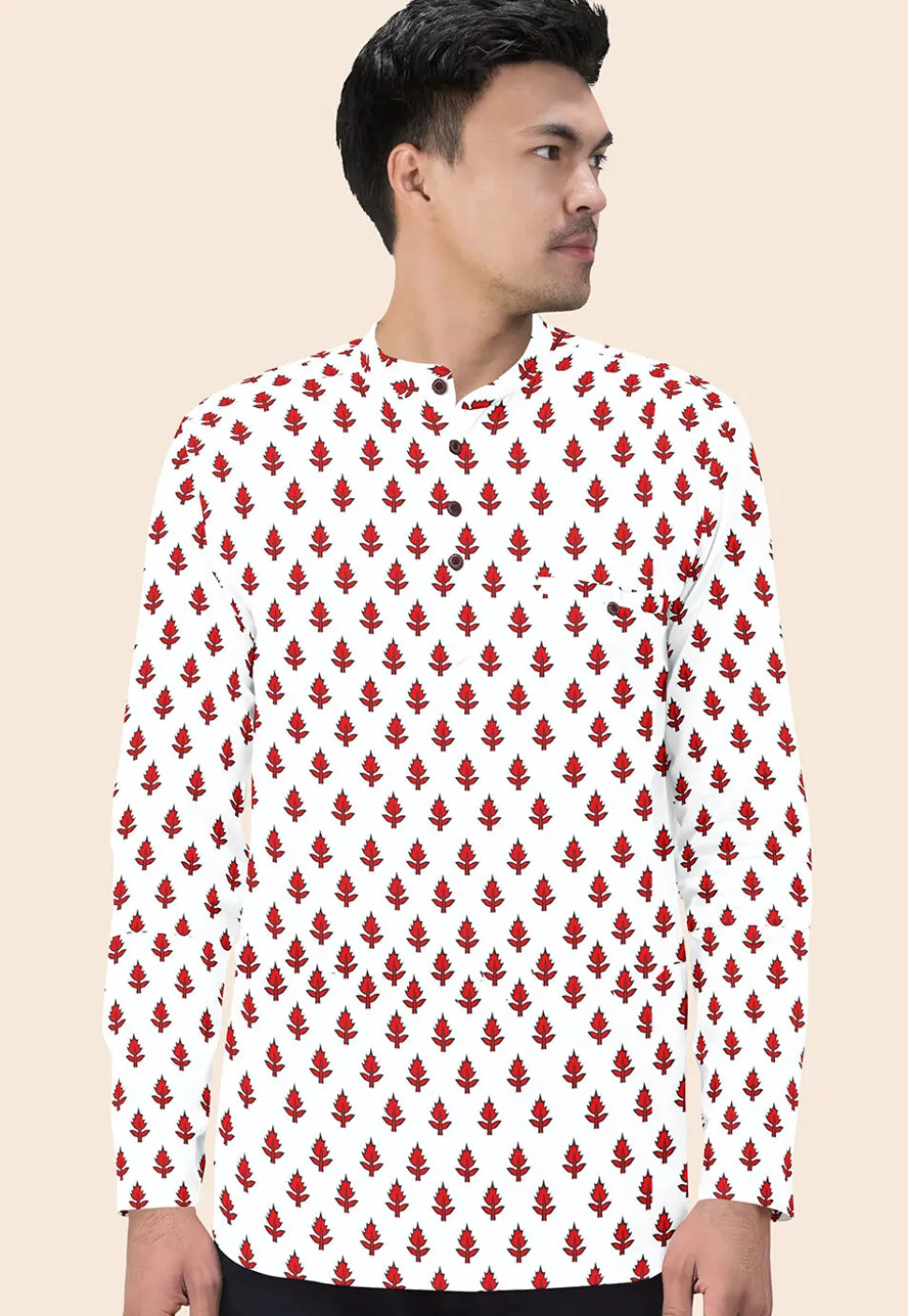 Block Printed Cotton Short Kurta in Cream