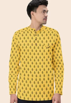 Block Printed Cotton Short Kurta in Yellow