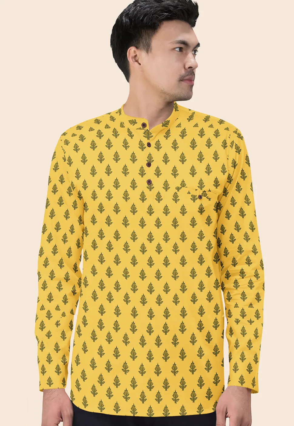 Block Printed Cotton Short Kurta in Yellow