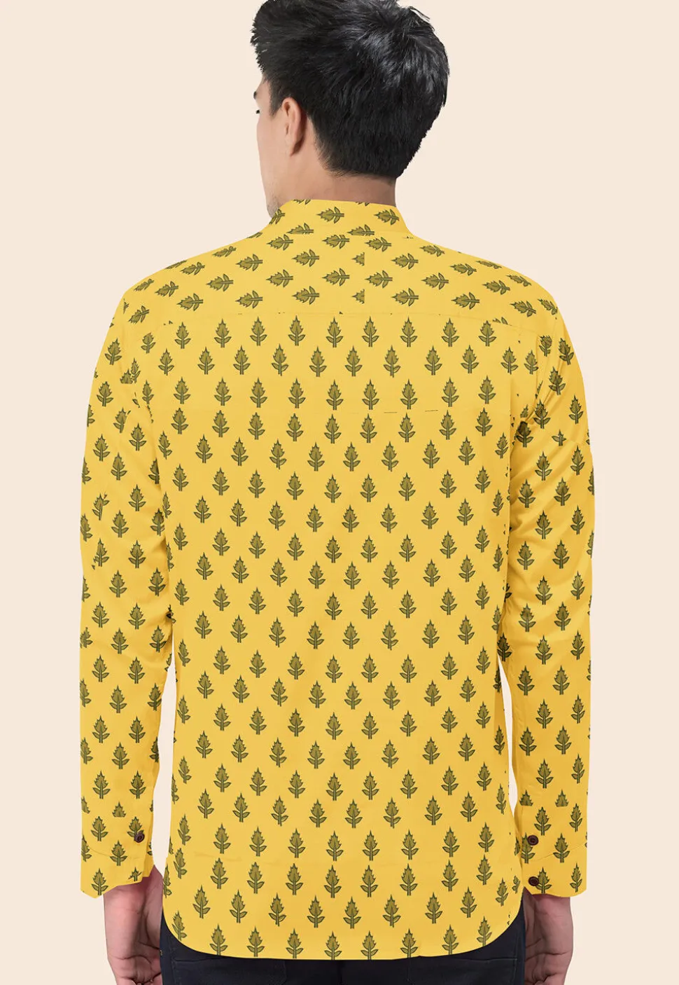 Block Printed Cotton Short Kurta in Yellow
