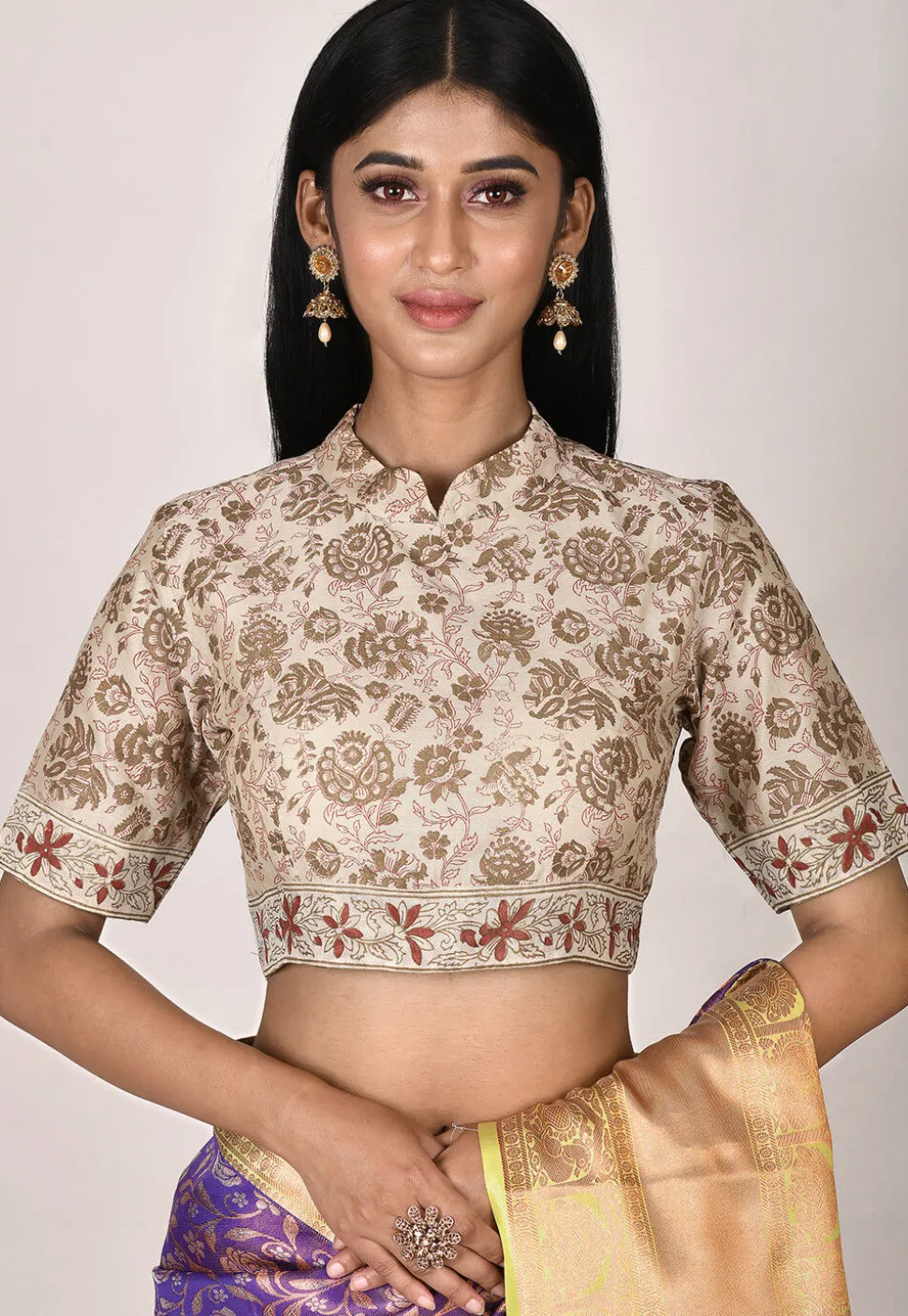 Block Printed Cotton Silk Blouse in Beige
