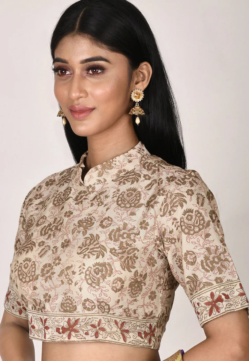 Block Printed Cotton Silk Blouse in Beige