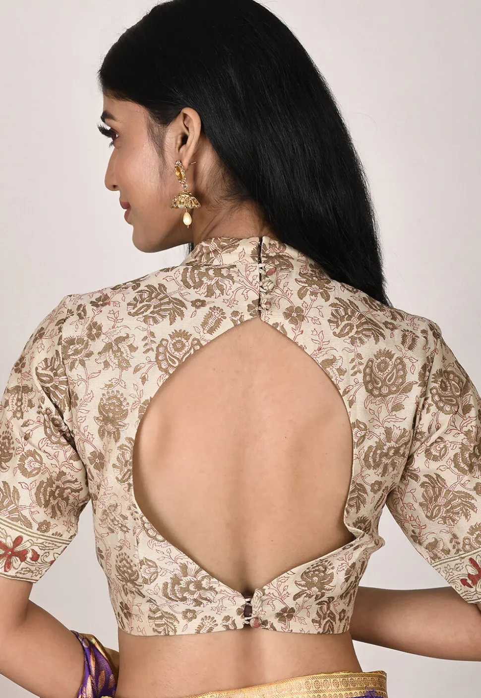 Block Printed Cotton Silk Blouse in Beige