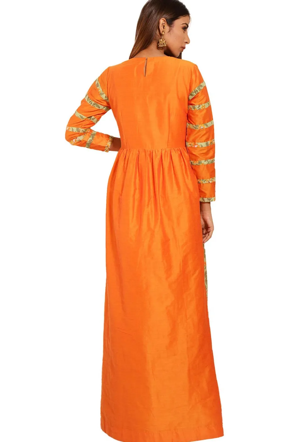 Block Printed Cotton Silk Abaya Style Suit in Orange and Green