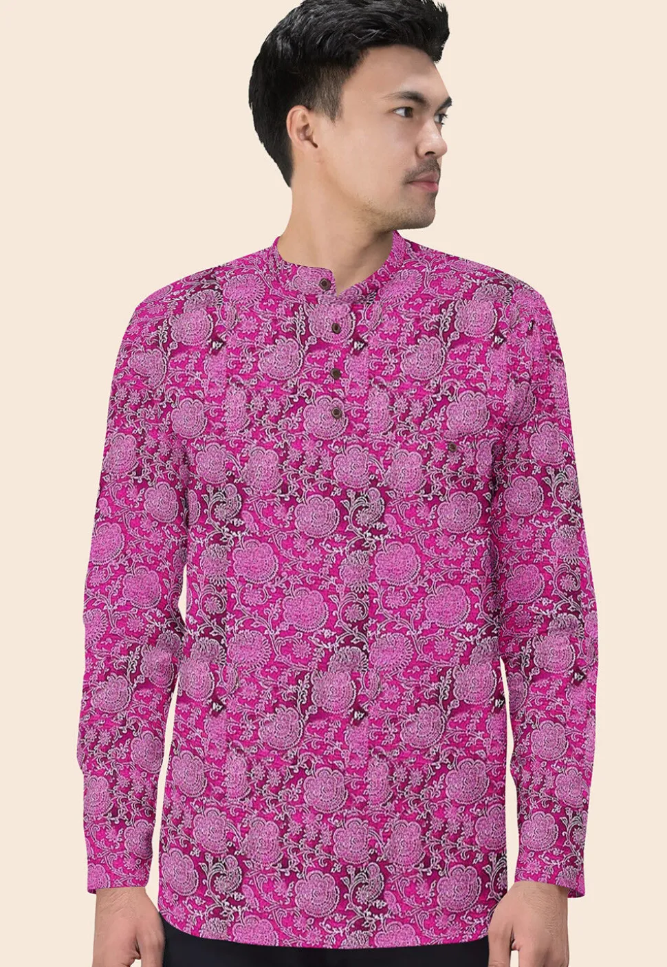 Block Printed Cotton Silk Short Kurta in Magenta