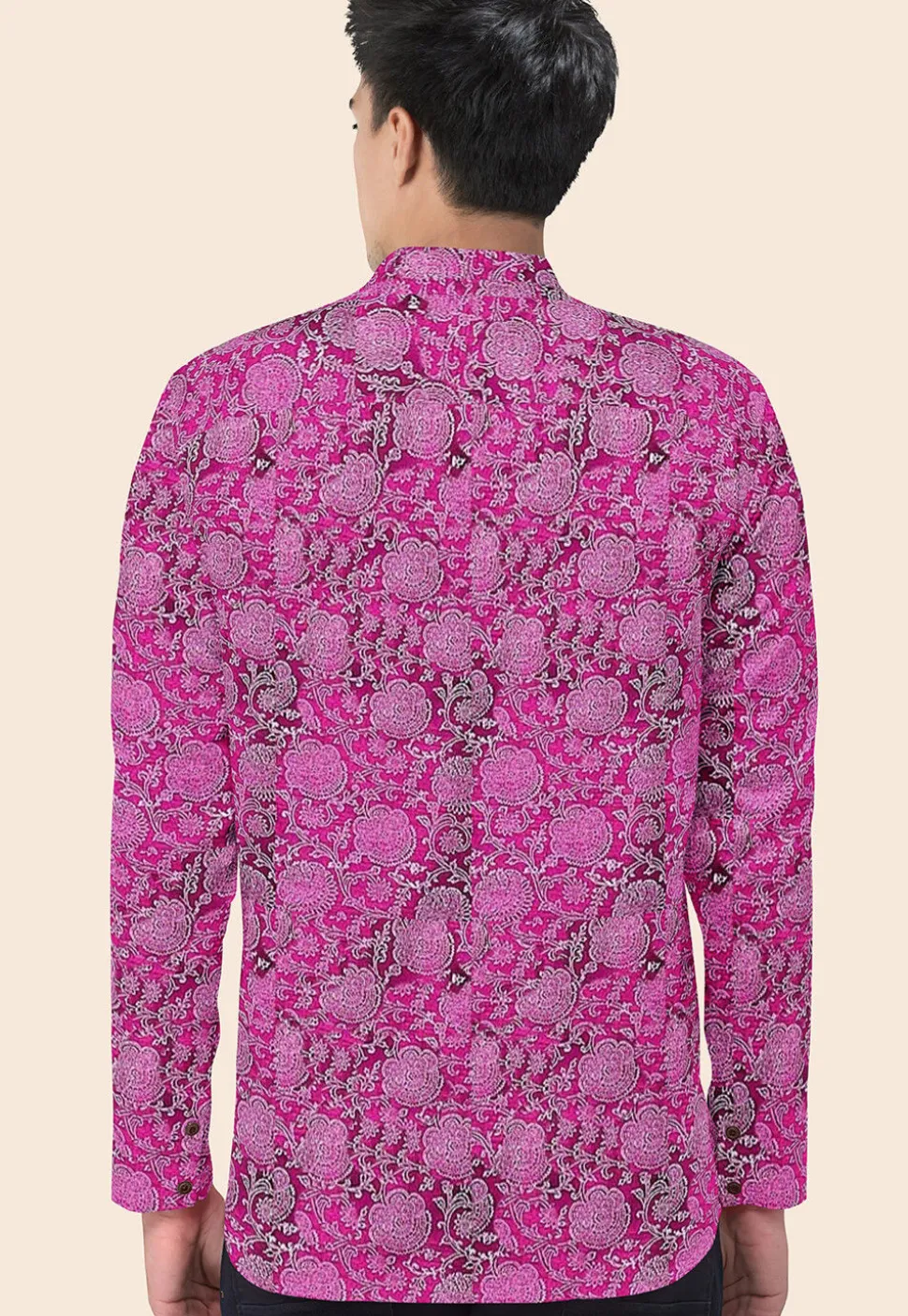Block Printed Cotton Silk Short Kurta in Magenta
