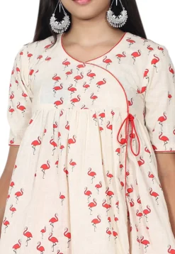 Block Printed Cotton Slub Angrakha Style Kurta Set in Off White