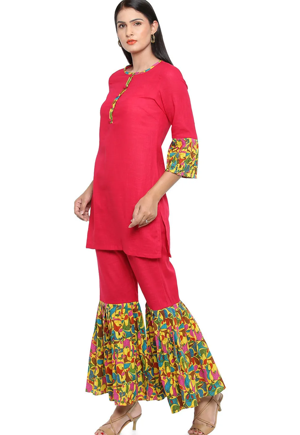 Block Printed Cotton Slub Pakistani Suit in Fuchsia