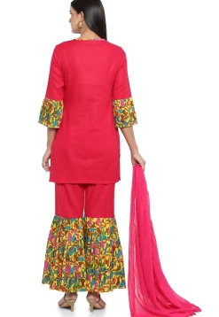 Block Printed Cotton Slub Pakistani Suit in Fuchsia