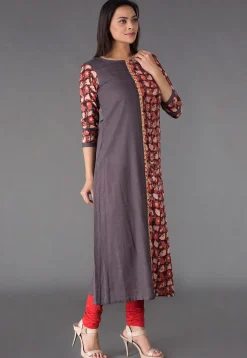 Block Printed Cotton Slub A Line Kurta in Grey and Rust