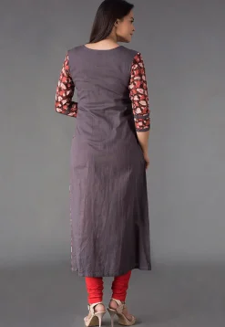 Block Printed Cotton Slub A Line Kurta in Grey and Rust