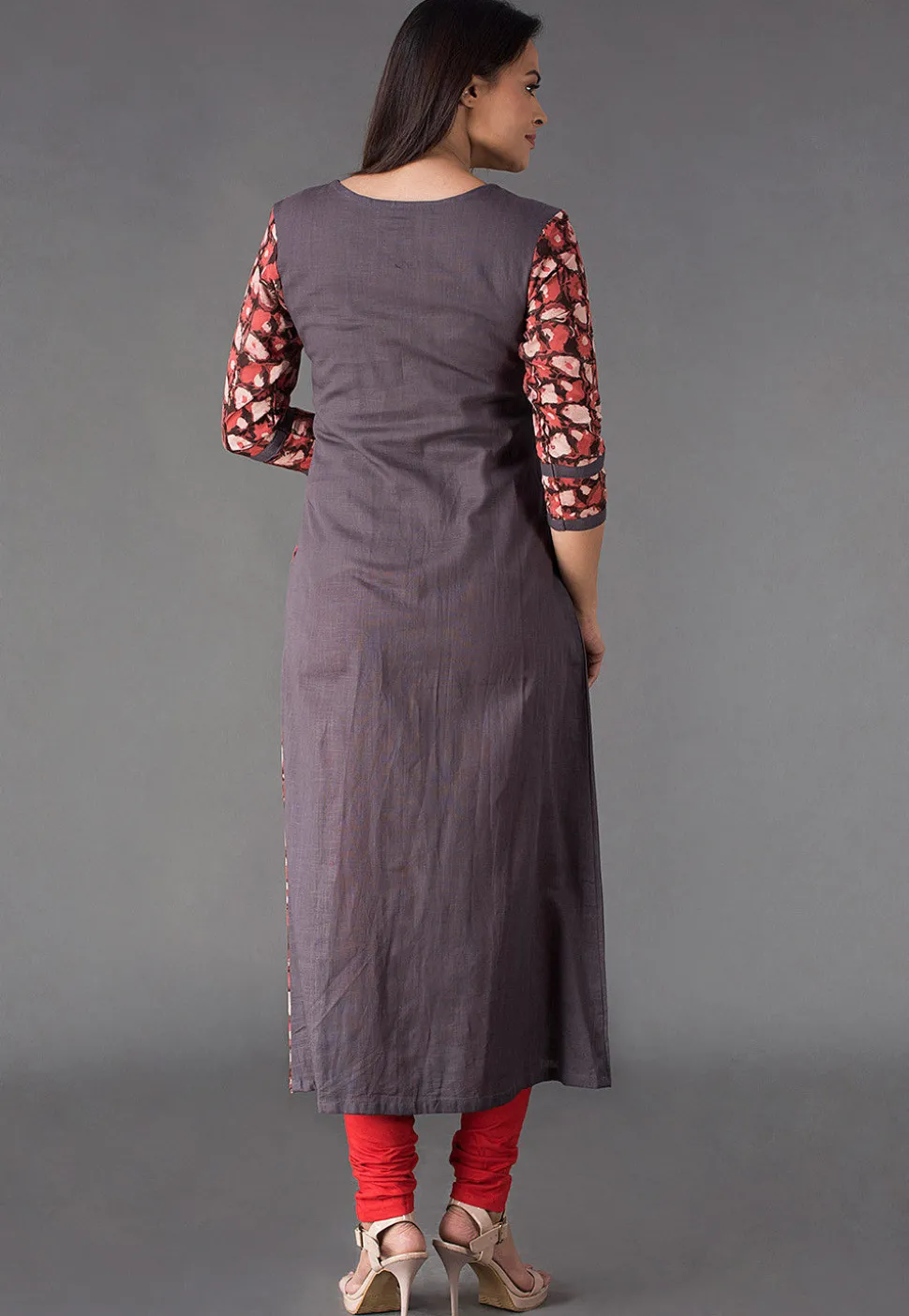 Block Printed Cotton Slub A Line Kurta in Grey and Rust