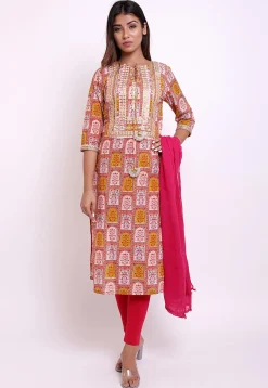 Block Printed Cotton Straight Suit in Multicolor