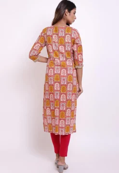 Block Printed Cotton Straight Suit in Multicolor