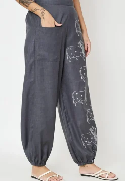 Block Printed Cotton Trouser in Dark Grey
