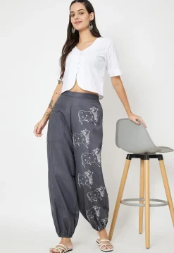 Block Printed Cotton Trouser in Dark Grey