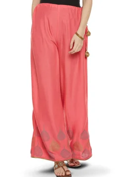 Block Printed Cotton Viscose Palazzo in Coral Pink