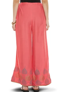 Block Printed Cotton Viscose Palazzo in Coral Pink