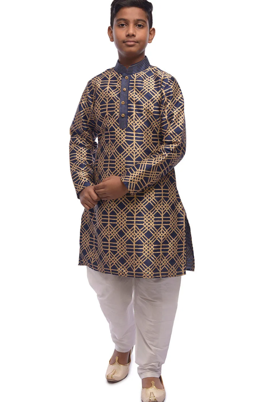 Block Printed Dupion Silk Kurta Set in Navy Blue