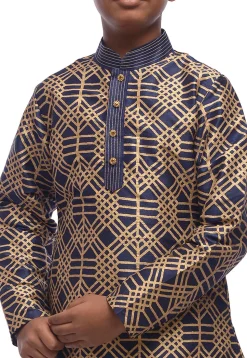 Block Printed Dupion Silk Kurta Set in Navy Blue
