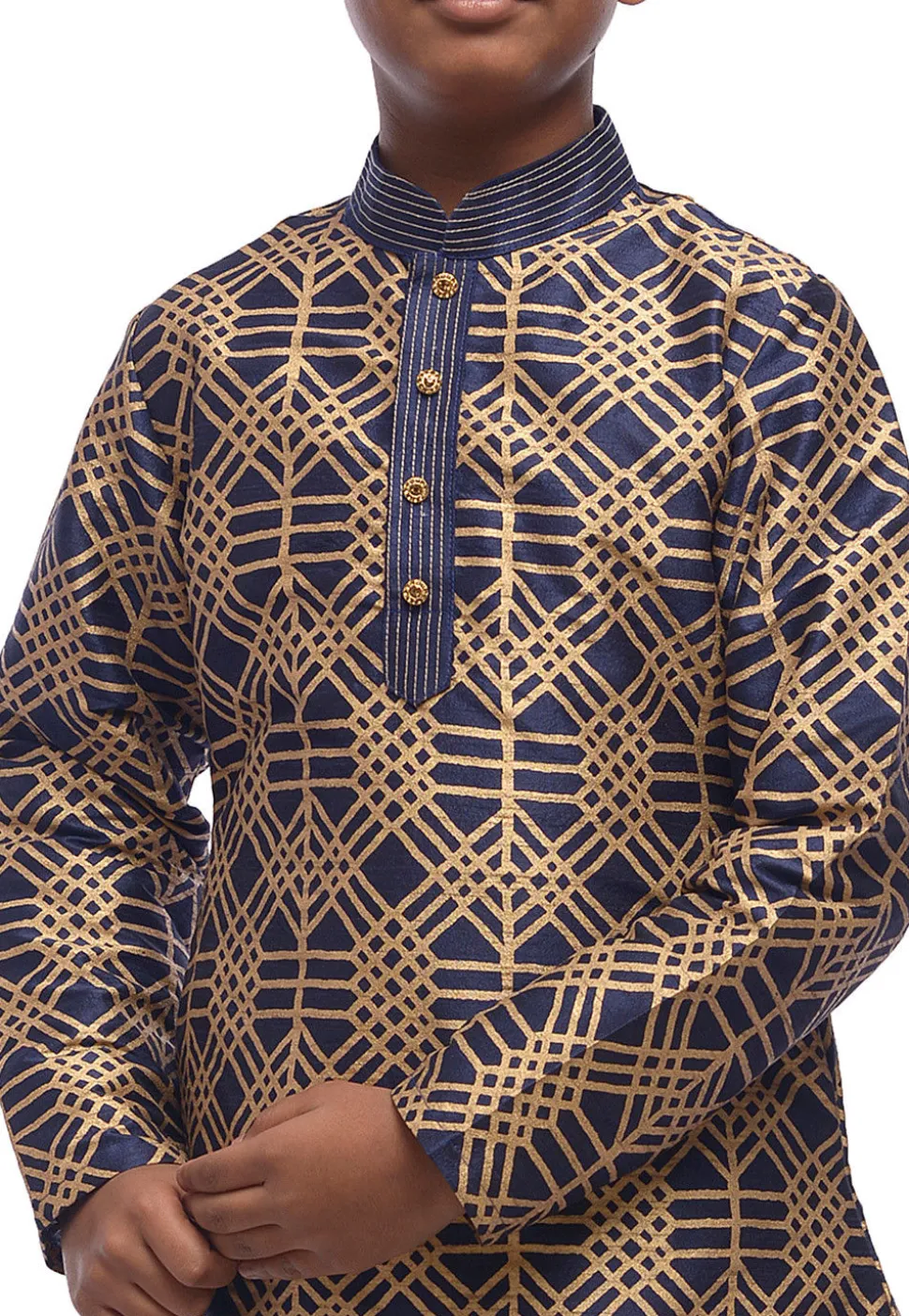 Block Printed Dupion Silk Kurta Set in Navy Blue