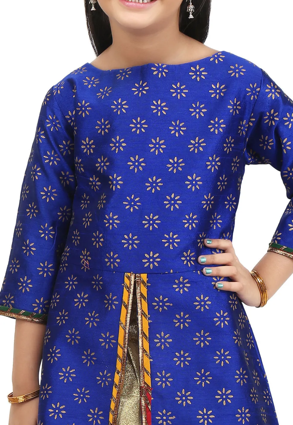 Block Printed Dupion Silk Jacket Style Lehenga in Royal Blue
