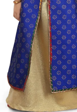 Block Printed Dupion Silk Jacket Style Lehenga in Royal Blue