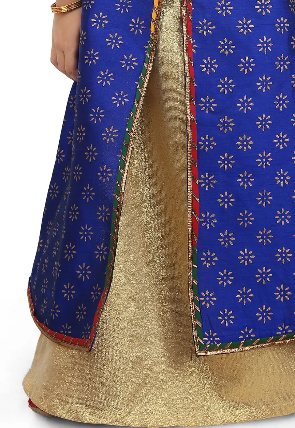 Block Printed Dupion Silk Jacket Style Lehenga in Royal Blue