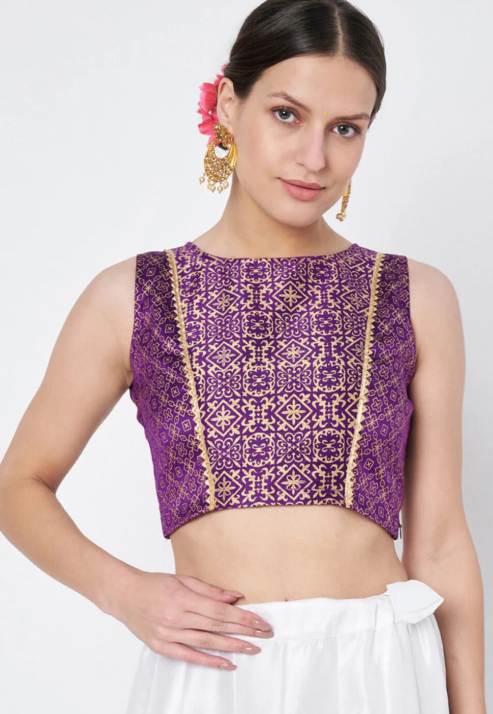 Block Printed Dupion Silk Blouse in Dark Purple
