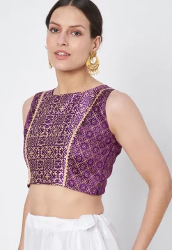 Block Printed Dupion Silk Blouse in Dark Purple