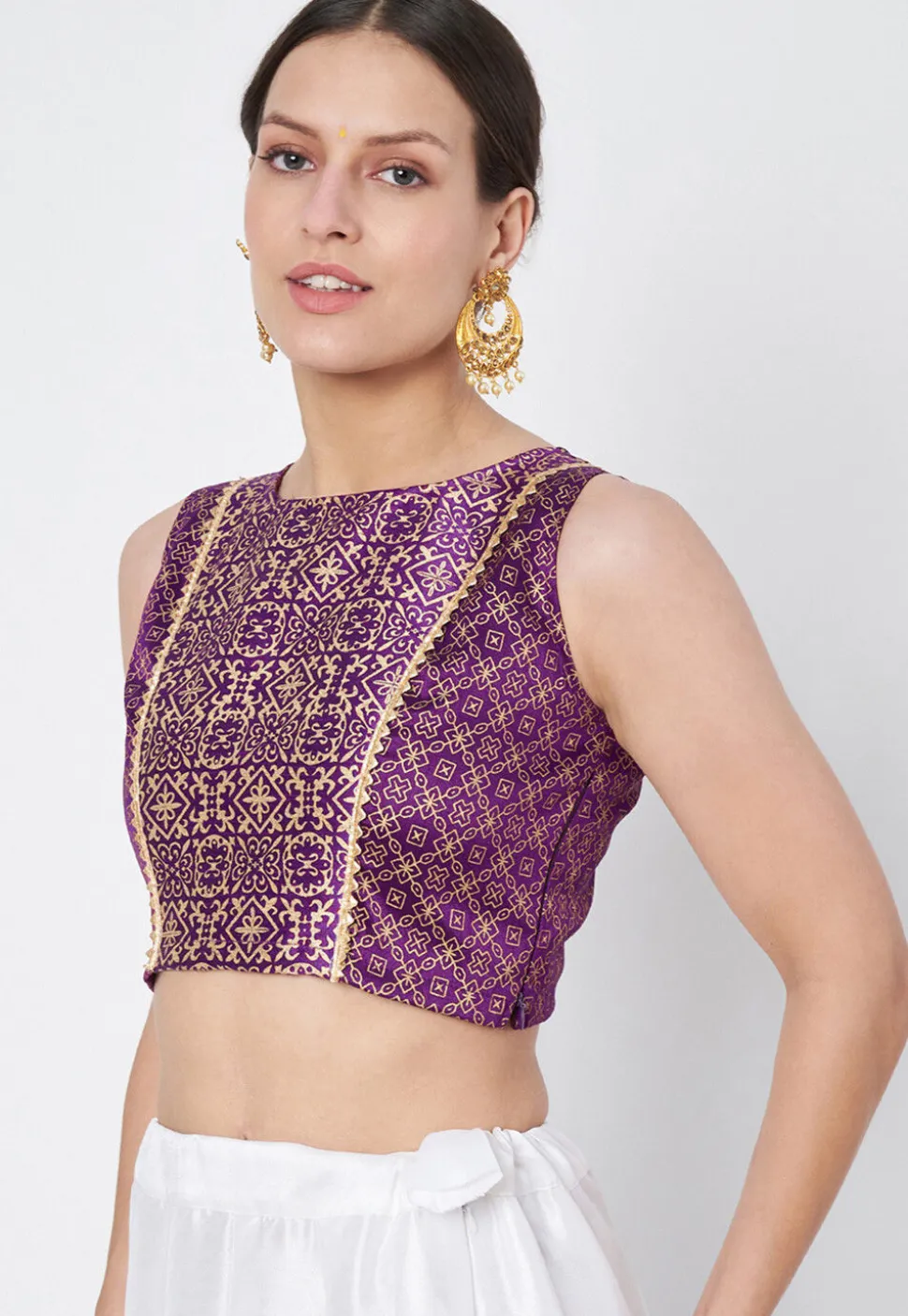 Block Printed Dupion Silk Blouse in Dark Purple