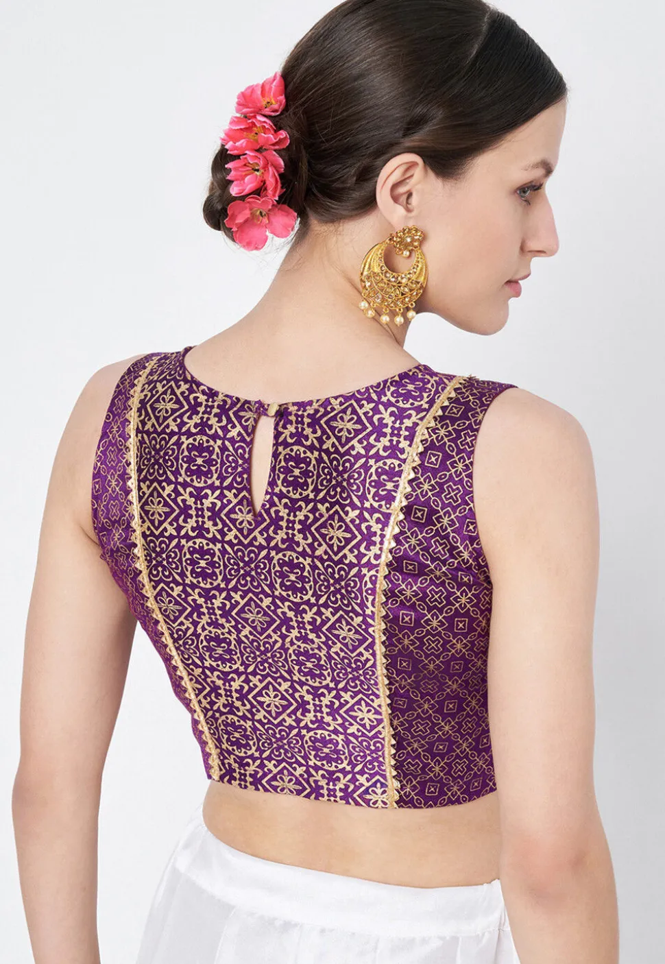 Block Printed Dupion Silk Blouse in Dark Purple