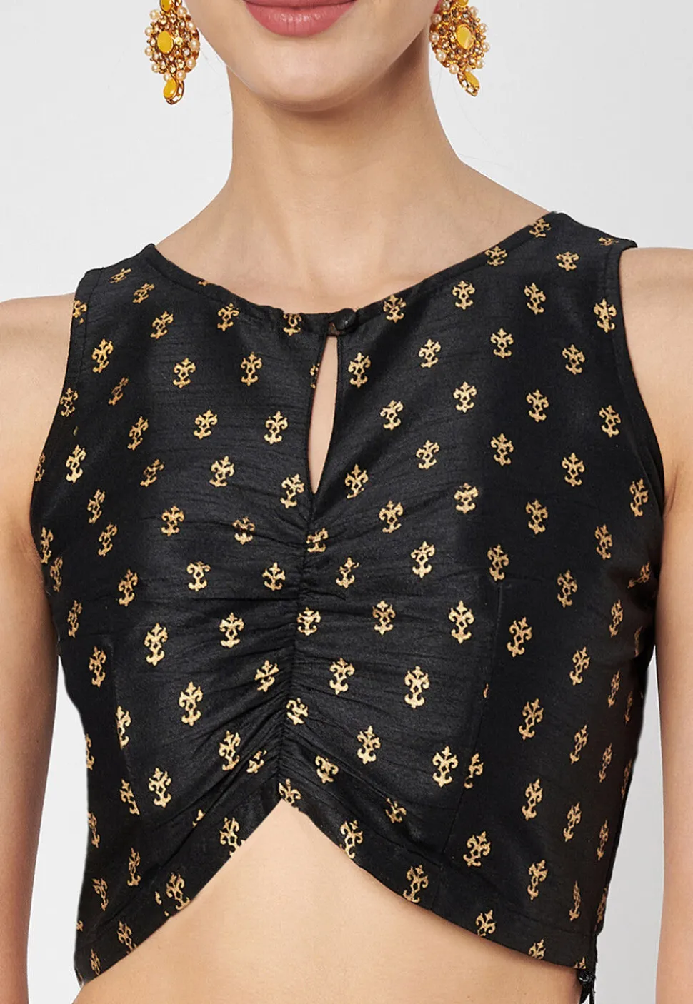 Block Printed Dupion Silk Lehenga in Black