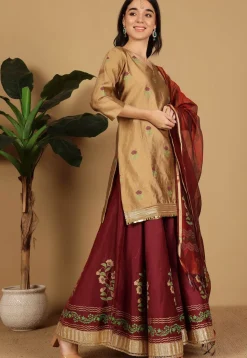 Block Printed Dupion Silk Lehenga in Maroon