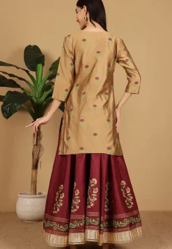 Block Printed Dupion Silk Lehenga in Maroon