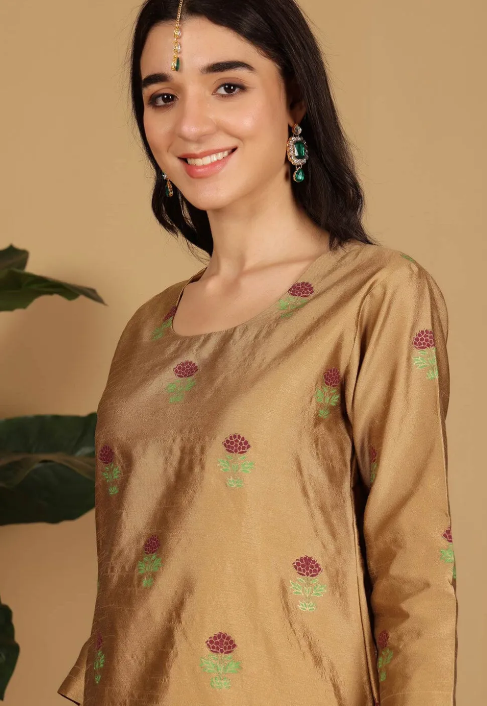 Block Printed Dupion Silk Lehenga in Maroon