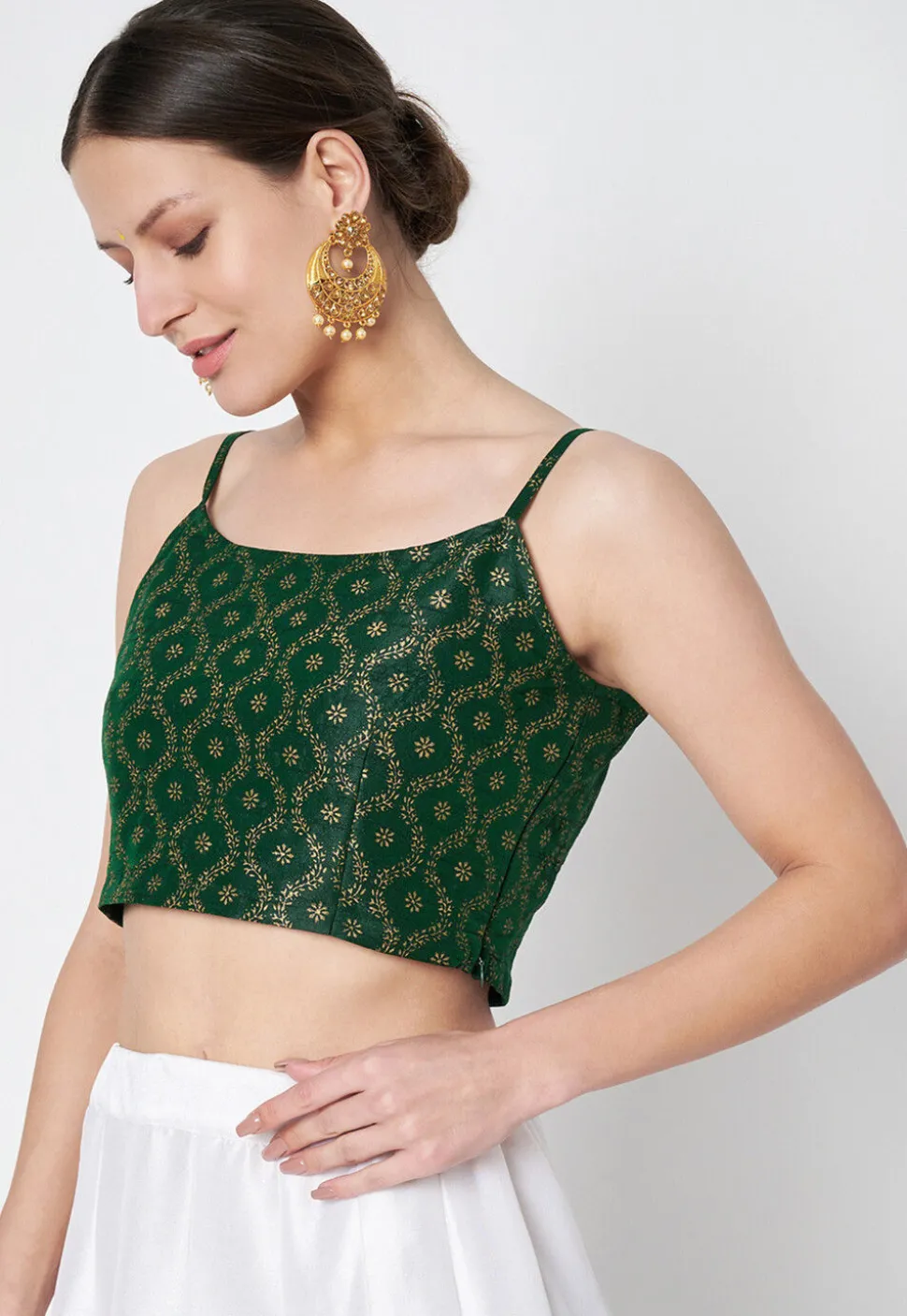 Block Printed Dupion Silk Blouse in Dark Green