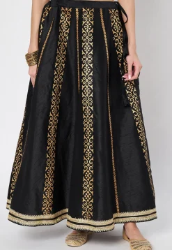 Block Printed Dupion Silk Skirt in Black