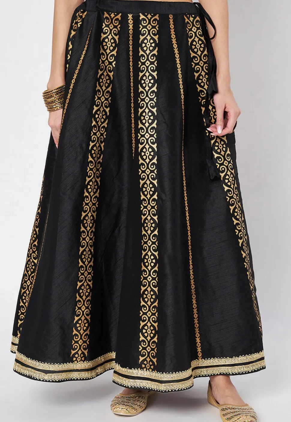 Block Printed Dupion Silk Skirt in Black