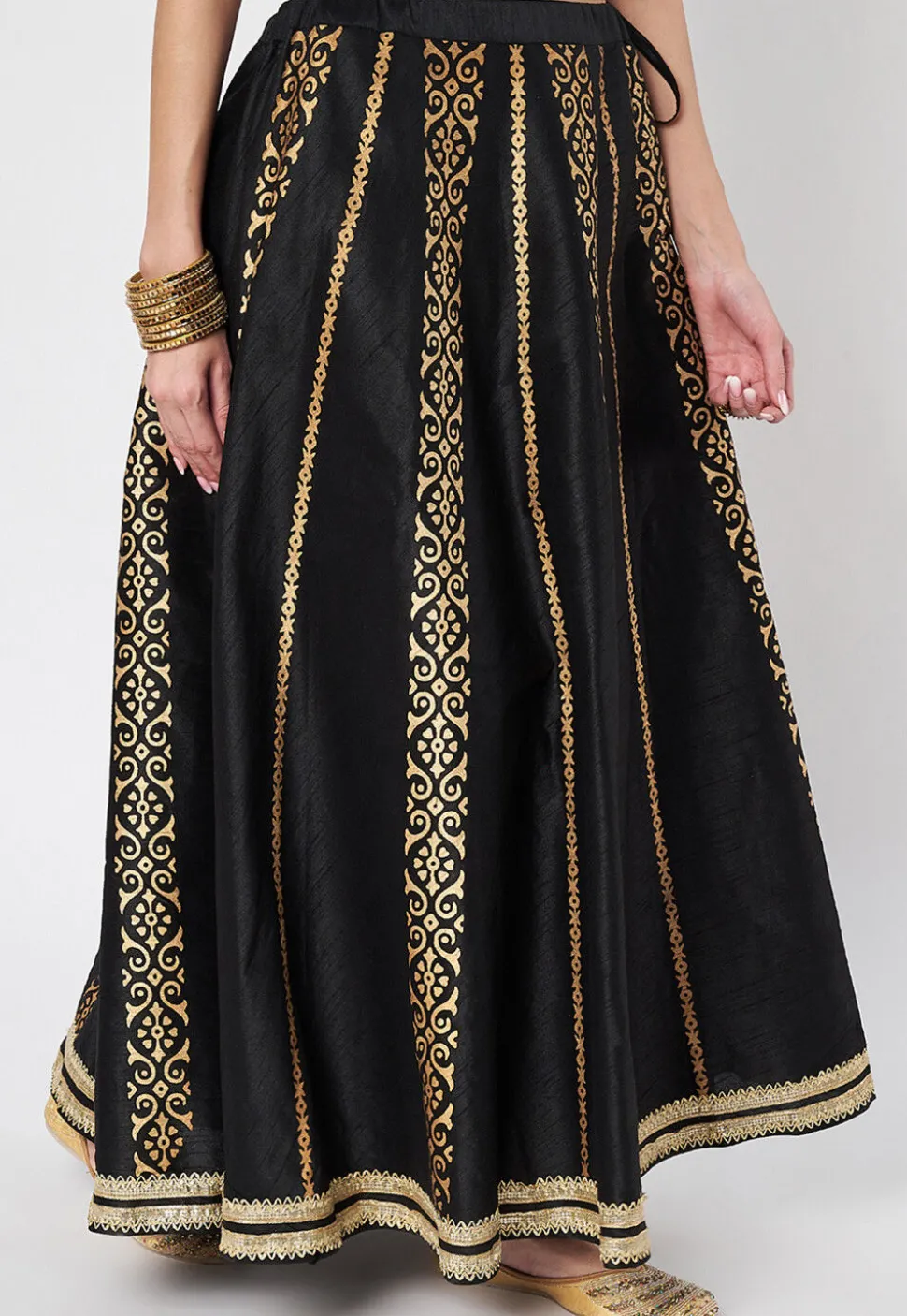 Block Printed Dupion Silk Skirt in Black
