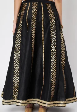 Block Printed Dupion Silk Skirt in Black