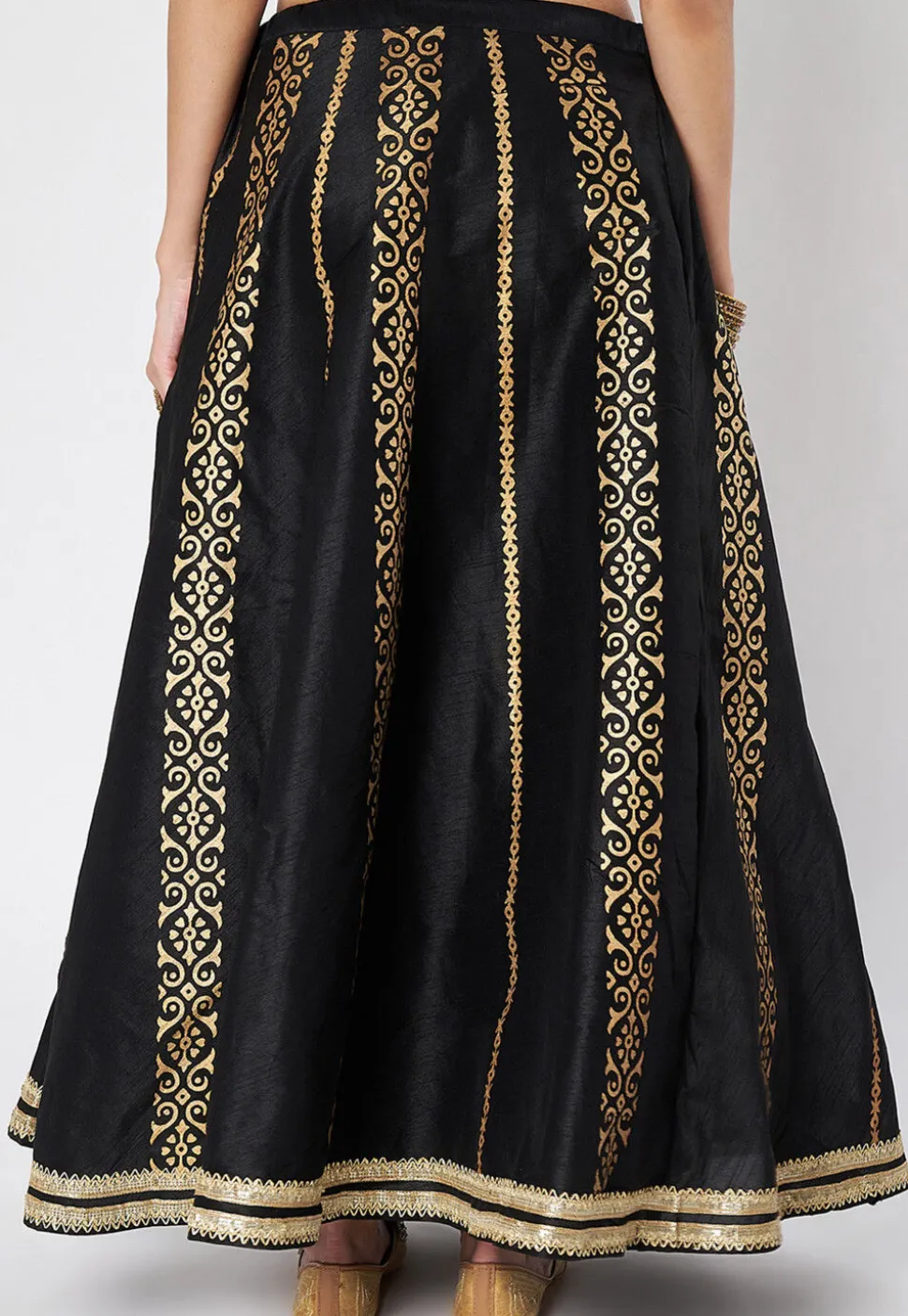 Block Printed Dupion Silk Skirt in Black