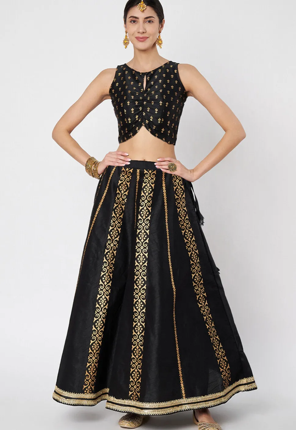 Block Printed Dupion Silk Skirt in Black
