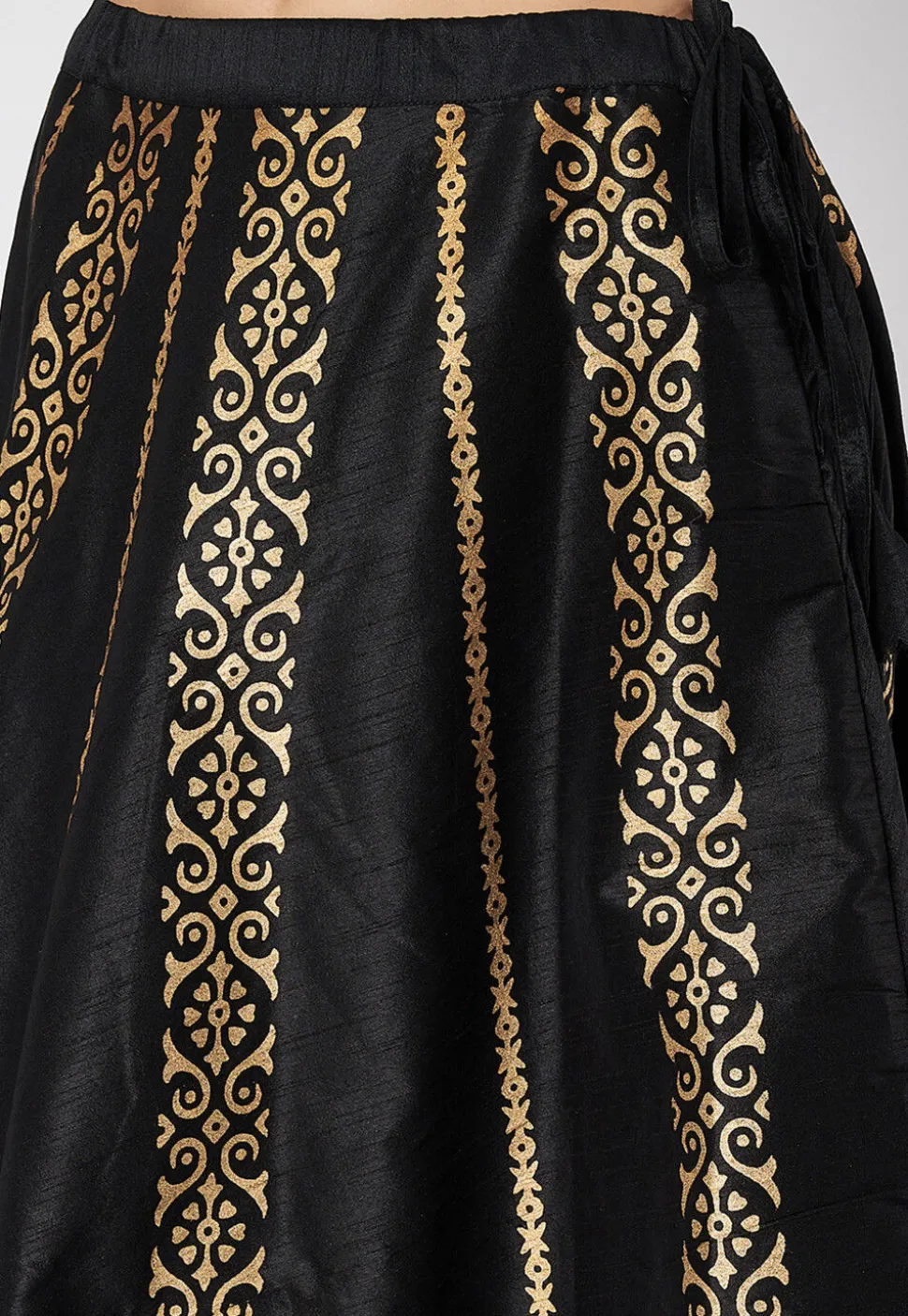 Block Printed Dupion Silk Skirt in Black