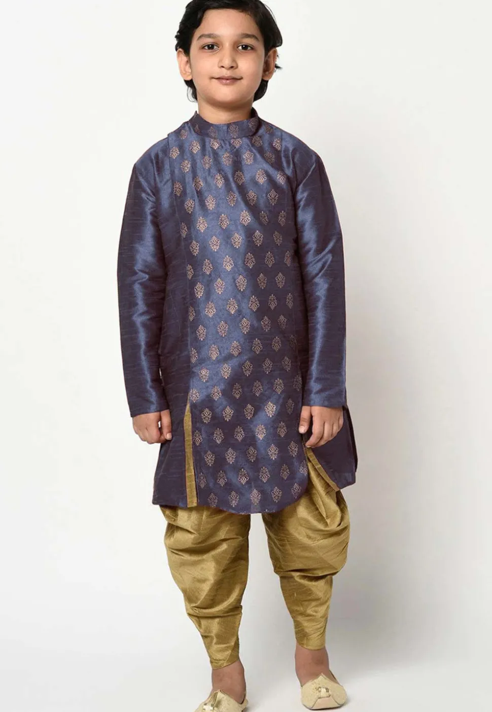 Block Printed Dupion Silk Kurta Set in Navy Blue